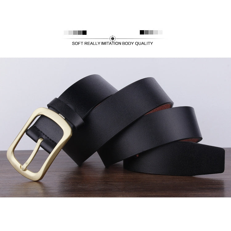 Men's black leather belt with antique gold-tone buckle, styled buckle side view