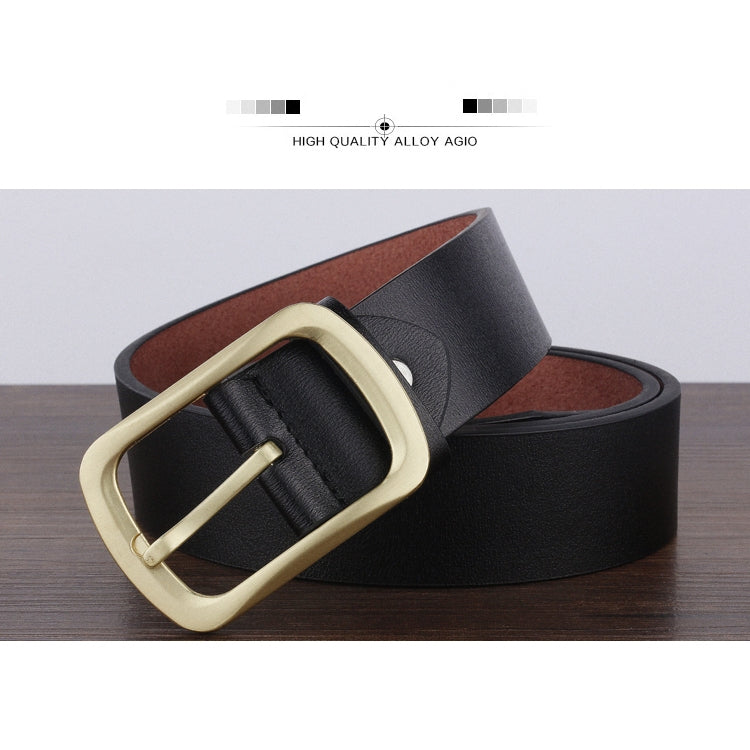 Men's brown leather belt with antique gold-tone buckle and matching brown strap edge