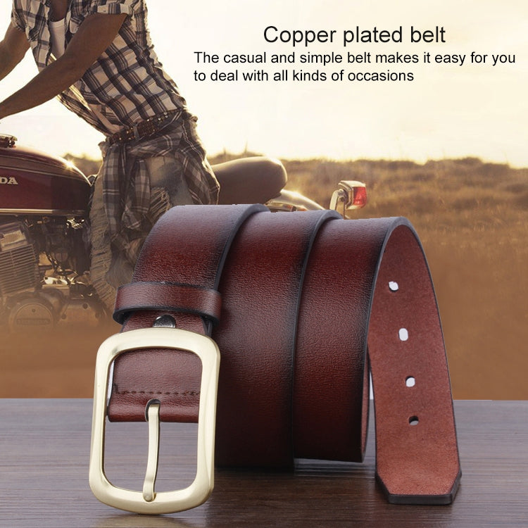 Men's copper-brown leather belt with large square buckle and multiple strap holes