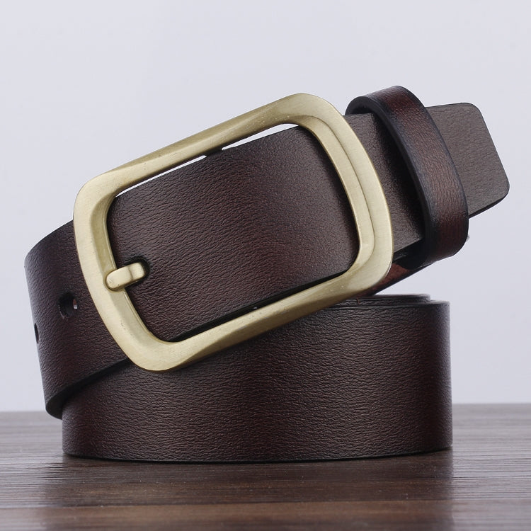Brown leather belt with antique gold-tone pin buckle and dark keeper strap