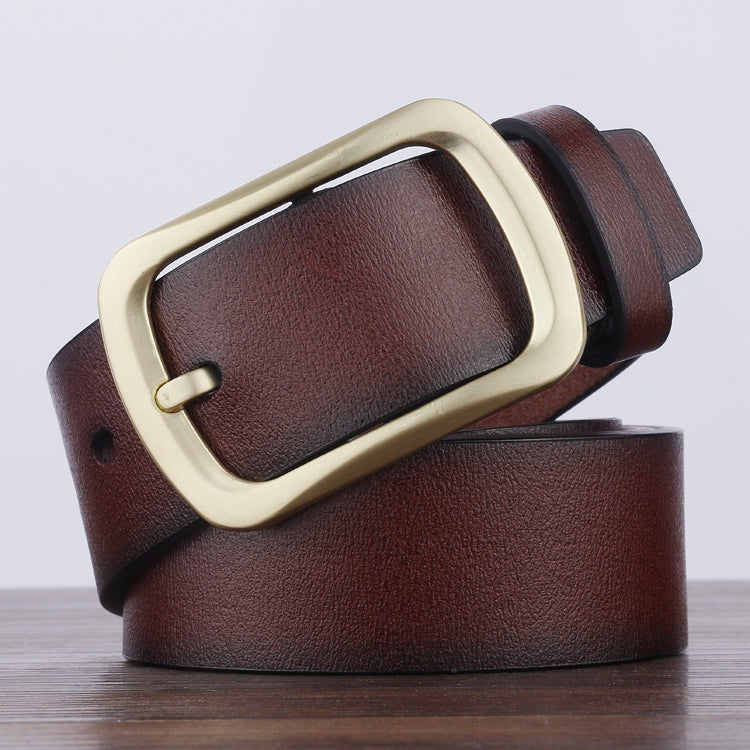 Men's dark brown leather belt with antique gold-tone buckle and keeper loop holes