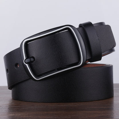 Black leather-look men\u2019s belt with rectangular metal buckle and tongue loop