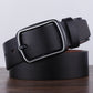 Black leather-look men\u2019s belt with rectangular metal buckle and end holes