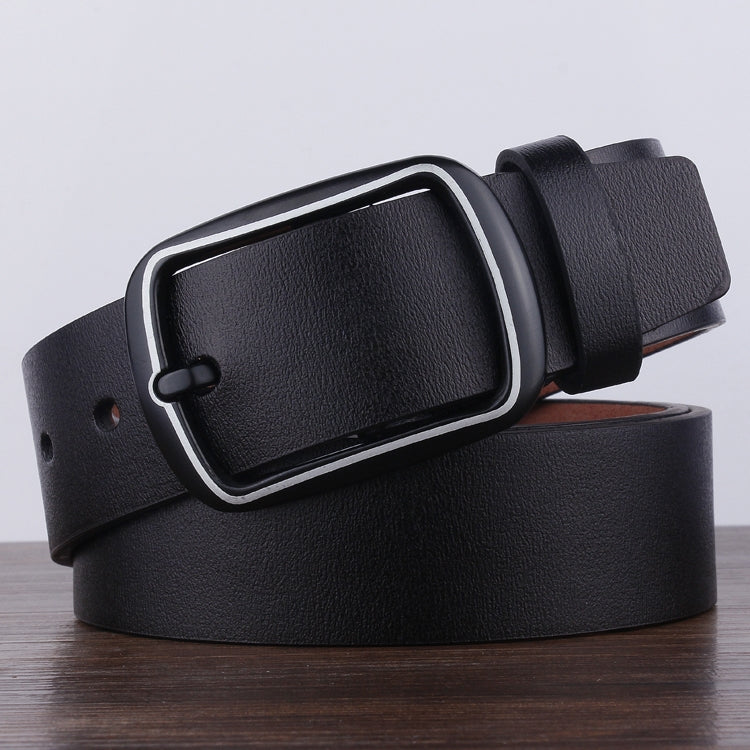Black leather-look men\u2019s belt with rectangular metal buckle and end holes