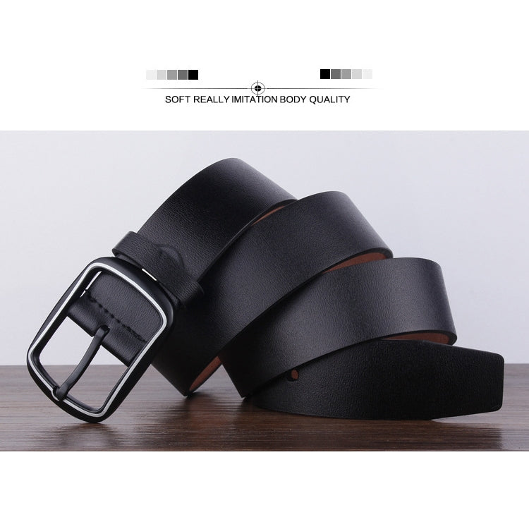 Black men\u2019s belt with rectangular silver buckle and textured leather strap