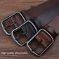 Dark and brown leather-look men\u2019s belts with silver rectangular buckles
