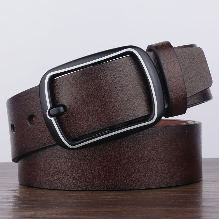 Brown leather-look men\u2019s belt with rectangular silver buckle and punched holes