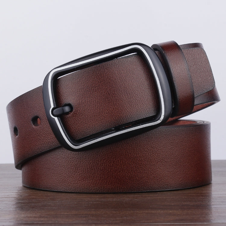 Brown leather-look men\u2019s belt with rectangular silver buckle on strap