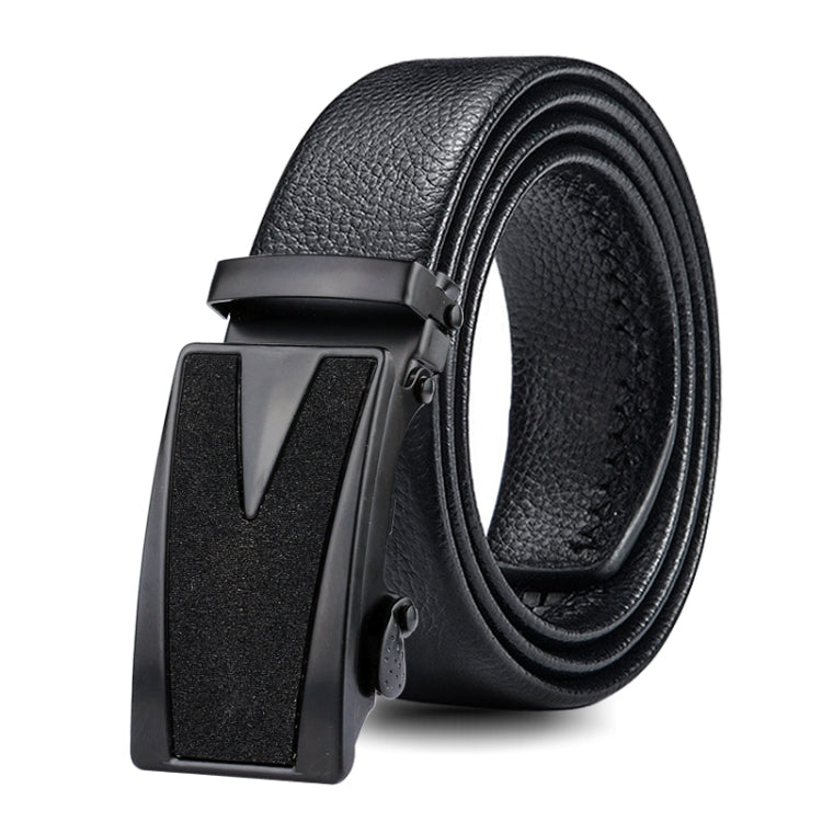 Men's black leather belt with automatic buckle and double wrap