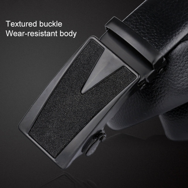 Black leather belt with textured automatic buckle and wear-resistant body