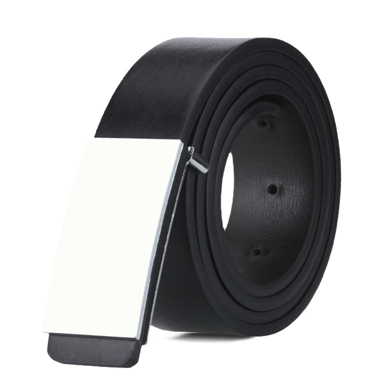 Black leather belt with silver flat buckle and punched holes