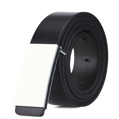 Black leather belt with silver flat buckle and punched holes