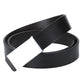 Black leather belt with silver flat buckle, laid flat with strap ends