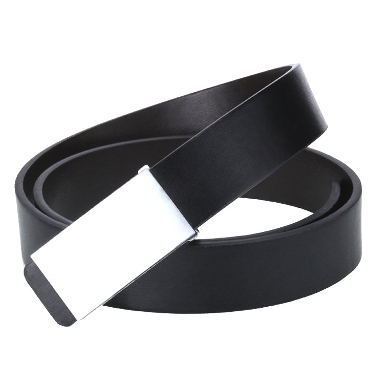 Black leather belt with silver flat buckle, laid flat with strap ends