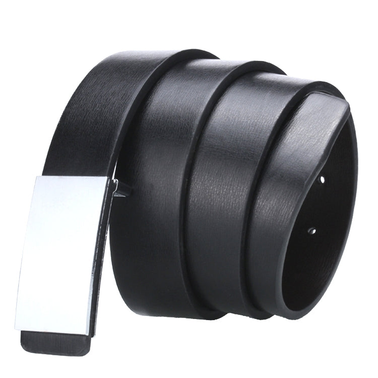 Black leather belt with silver flat buckle, side view with eyelets