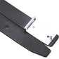 Close-up of black leather belt with silver flat buckle and prong