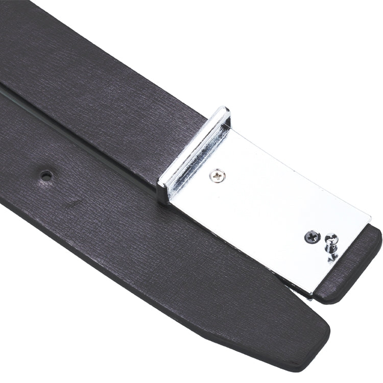 Close-up of black leather belt with silver flat buckle and prong