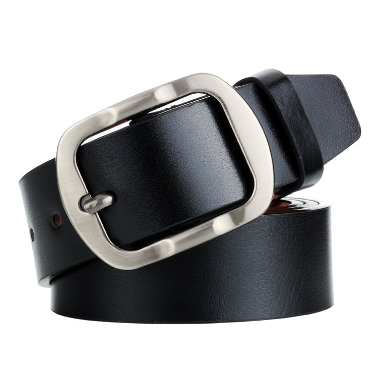 Men's leather belt with silver pin buckle, black strap with textured finish