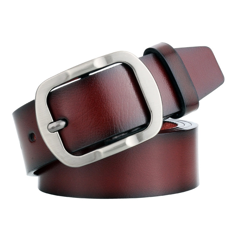 Men's leather belt with antique pin buckle, deep brown-red strap and silver buckle frame