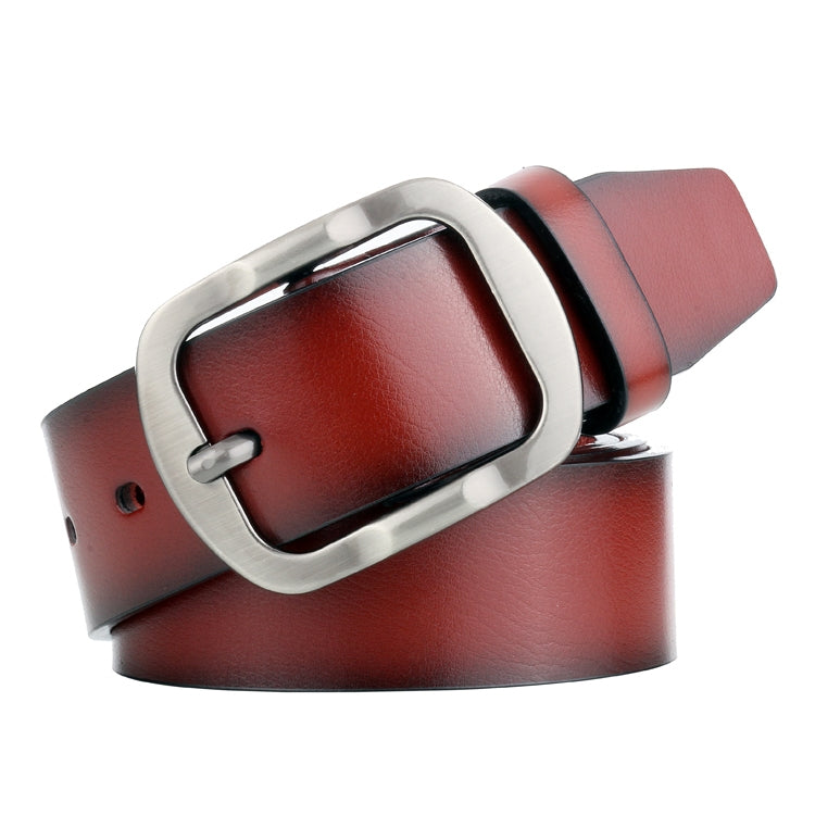 Men's leather belt with antique pin buckle, dark red-brown strap and silver buckle