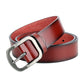 Men's leather belt with silver pin buckle, red-brown strap with visible stitching edge