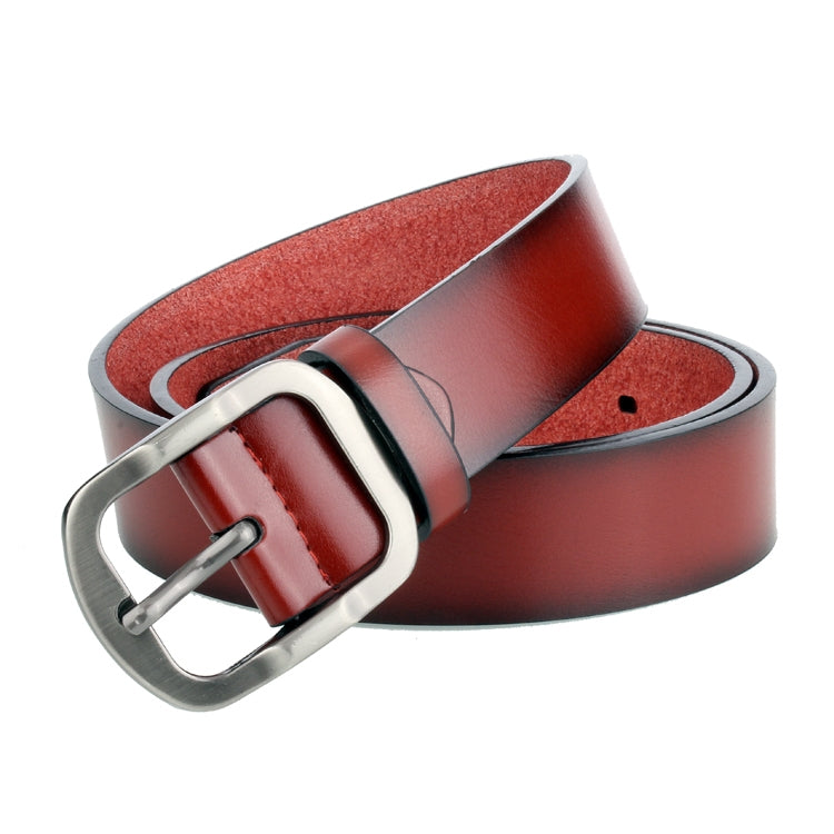 Men's leather belt with silver pin buckle, red-brown strap with visible stitching edge