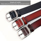 Set of men's leather belts with silver pin buckles, one black and one red-brown
