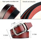 Men's leather belt with metal pin buckle, smooth red-brown strap in close-up