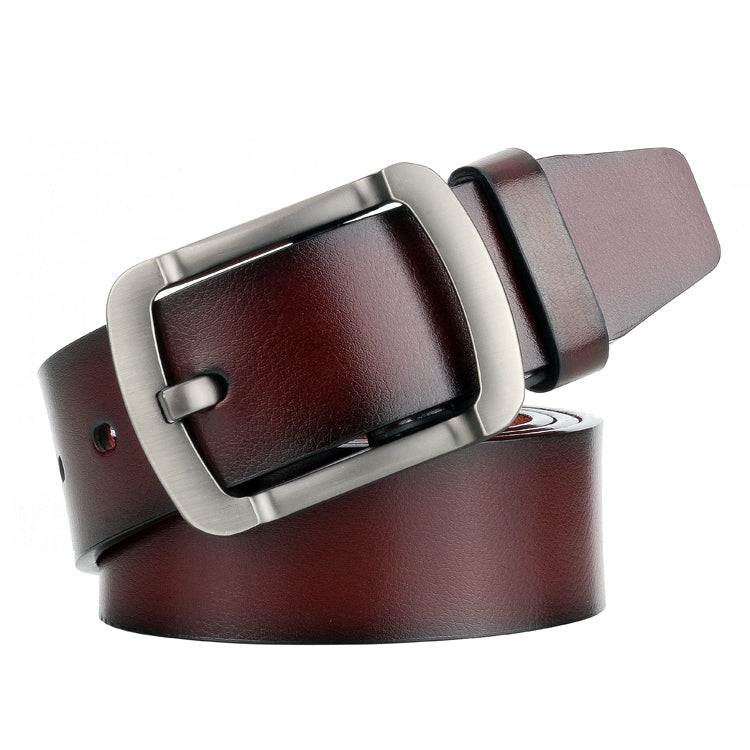 Men's dark brown leather belt with silver pin buckle and stitched edge