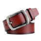 Men's burgundy leather belt with silver pin buckle and front plate