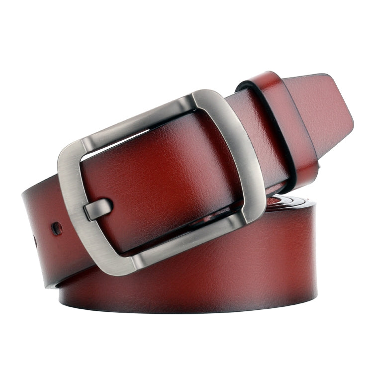 Men's burgundy leather belt with silver pin buckle and front plate