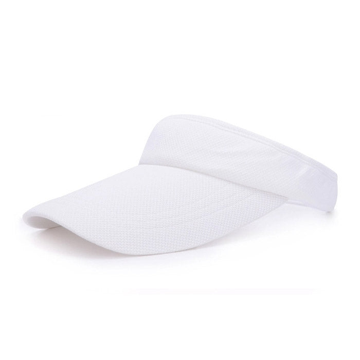 White lightweight visor cap with curved brim, no logos, smooth textured fabric.