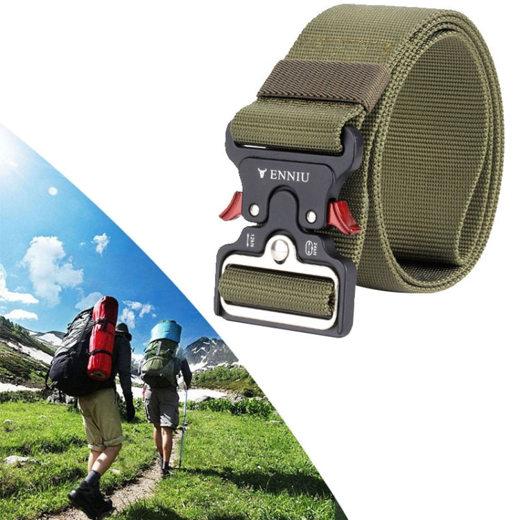 Army green nylon training belt with metal buckle and adjustable webbing strap