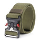 Olive green nylon belt with square metal buckle and red release clips