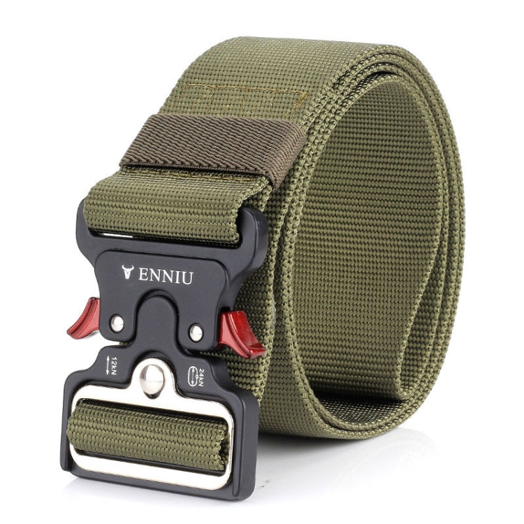 Olive green nylon belt with square metal buckle and red release clips