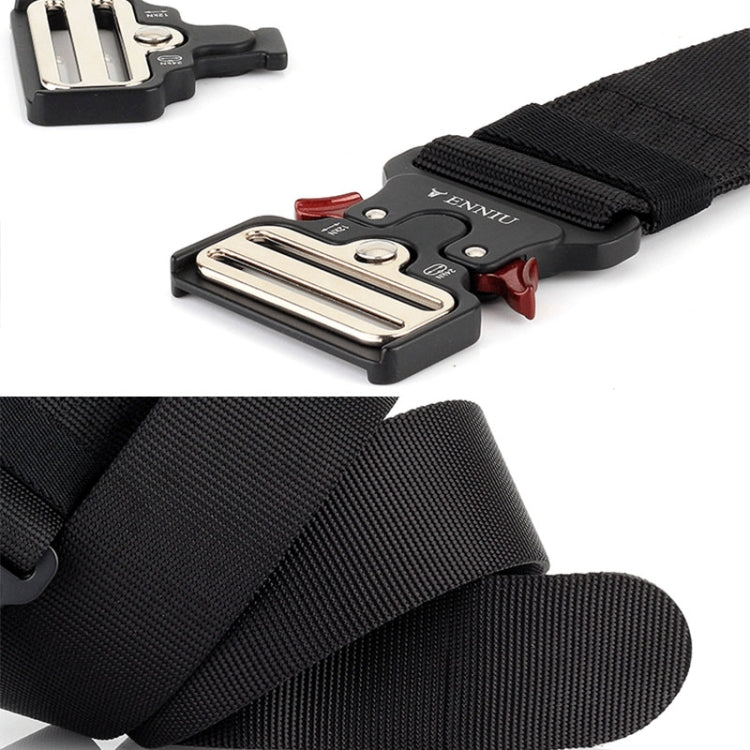 Black nylon belt with black metal buckle and red release tabs
