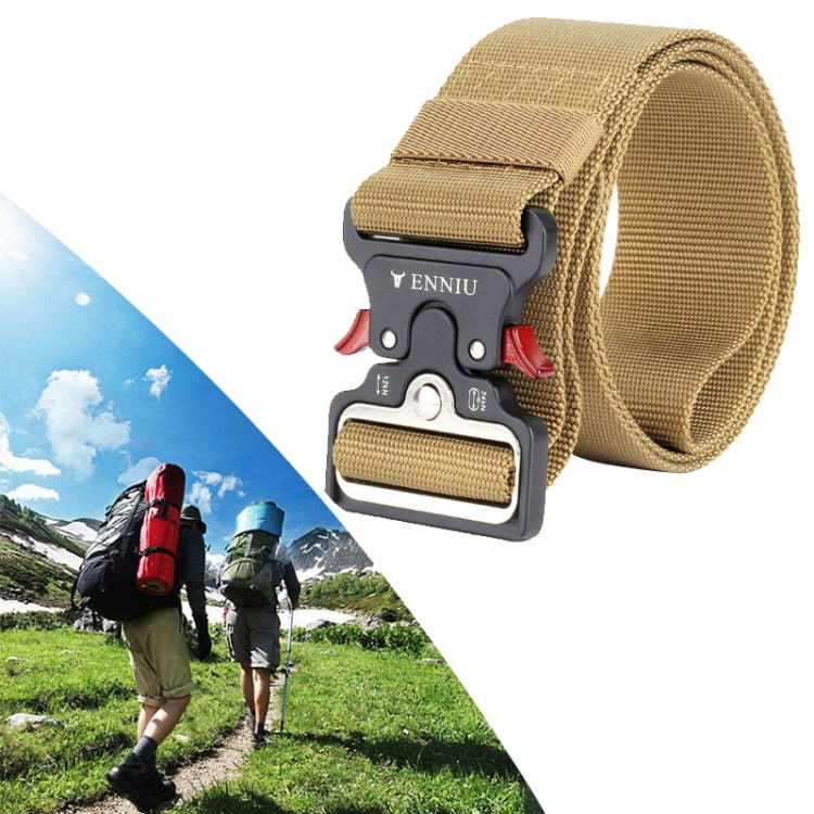 Khaki nylon belt with metal buckle and adjustable webbing strap