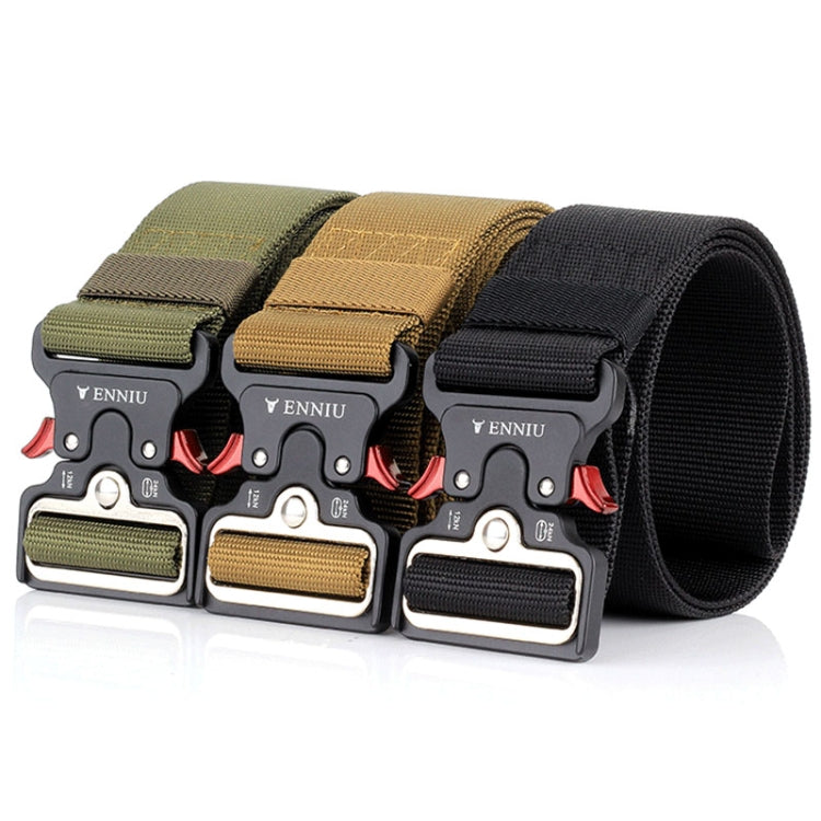 Set of three nylon training belts in olive, tan, and black with metal buckles