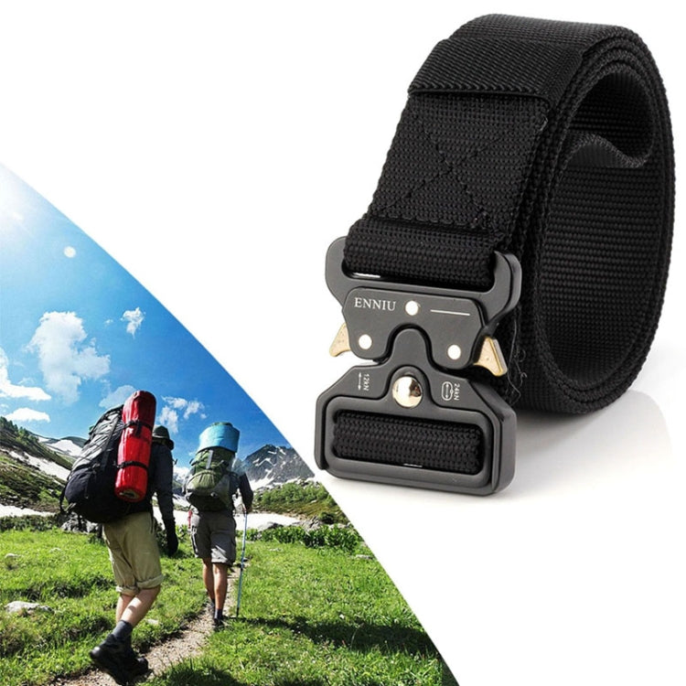 Black woven nylon belt with black multi-function buckle and adjustable strap