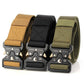 Three woven nylon belts in tan, black, and olive with matching multi-function buckles