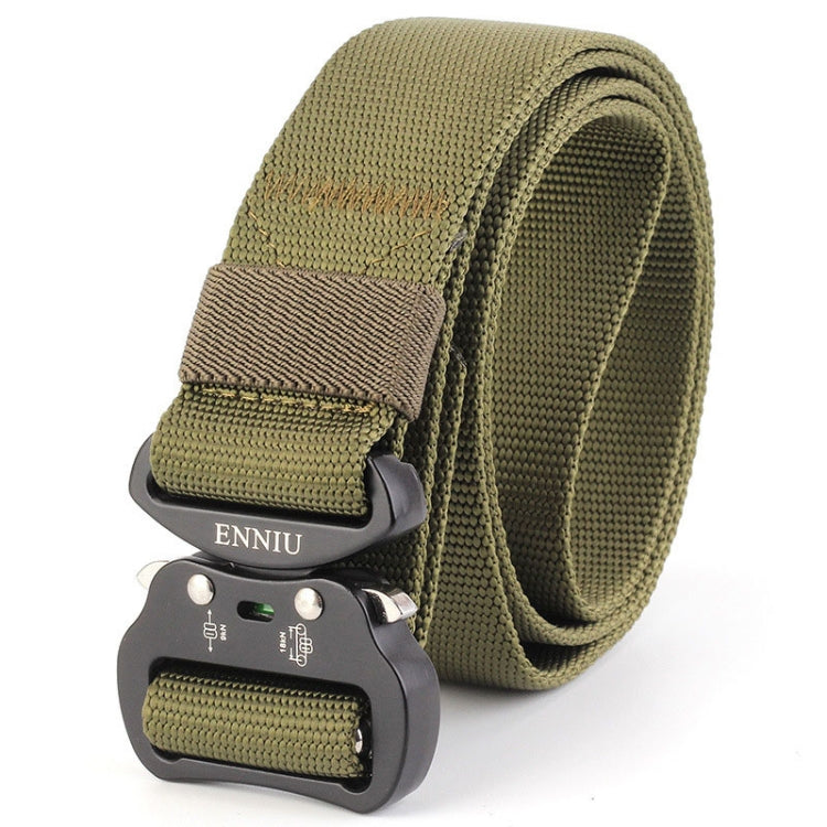 Army green nylon belt with multifunction metal buckle and adjustable woven webbing