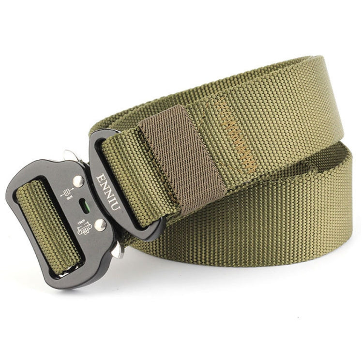 Olive green nylon belt with adjustable aviation-style buckle and fabric loop keeper