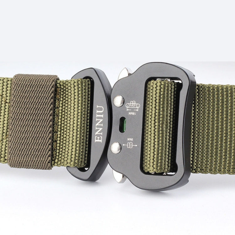 Olive green nylon belt with metal multifunction buckle, holes and pin details