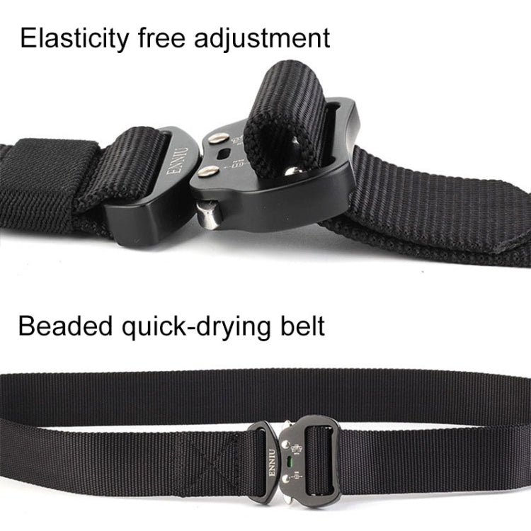 Black nylon belt with multifunction metal buckle and adjustable strap end loop