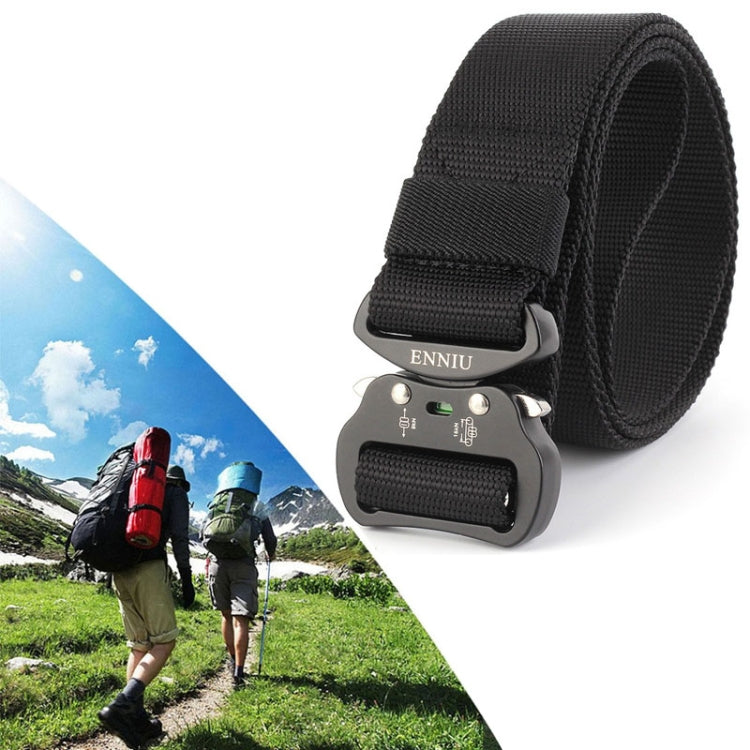 Black nylon belt with adjustable aviation-style aluminum buckle and woven strap keeper