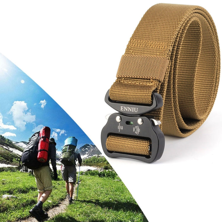 Khaki tan nylon belt with adjustable aviation-style aluminum buckle and woven webbing
