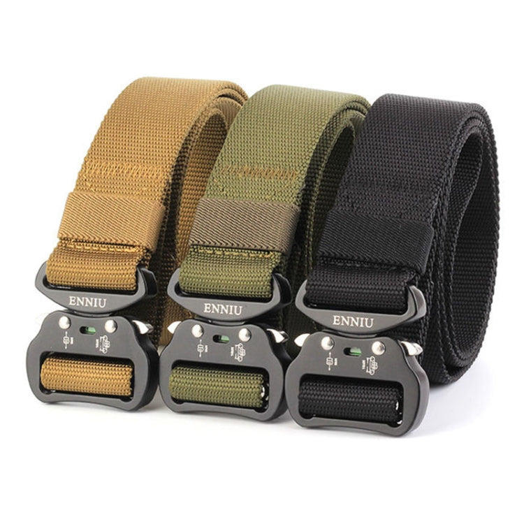 Three nylon belts in tan, olive green, and black with multifunction aluminum buckles