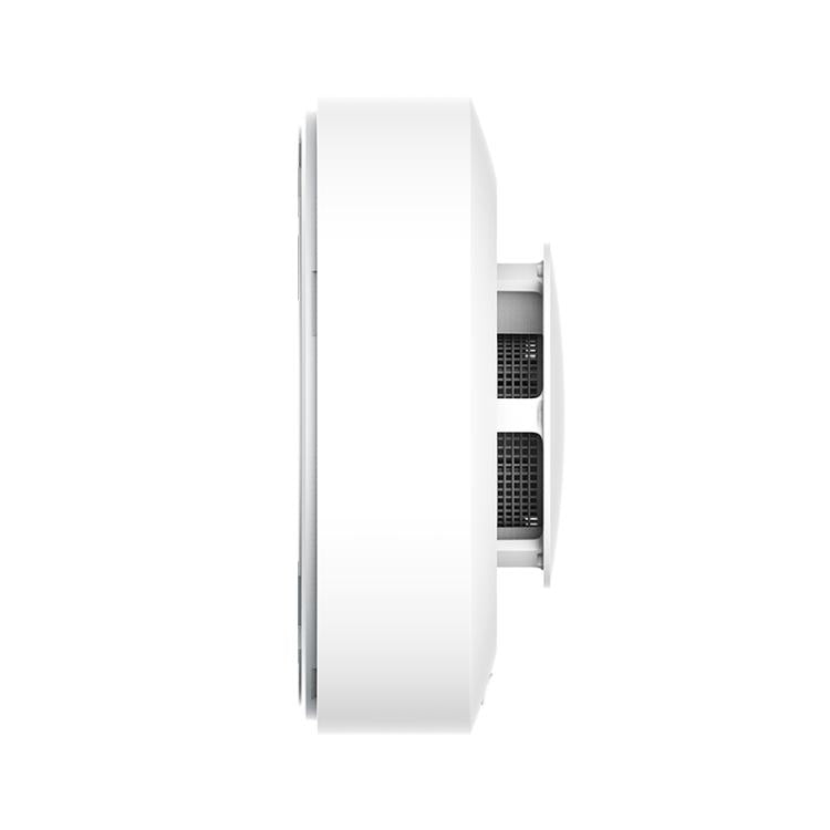 Side view of white smoke alarm detector with mounting bracket and vented interior section