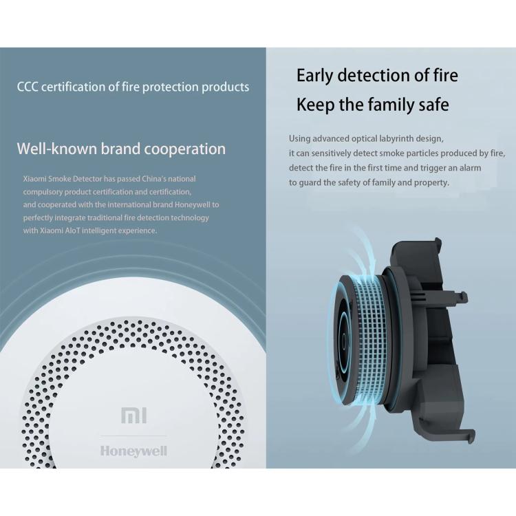 White circular smoke alarm detector with perforated grille, shown with device illustration