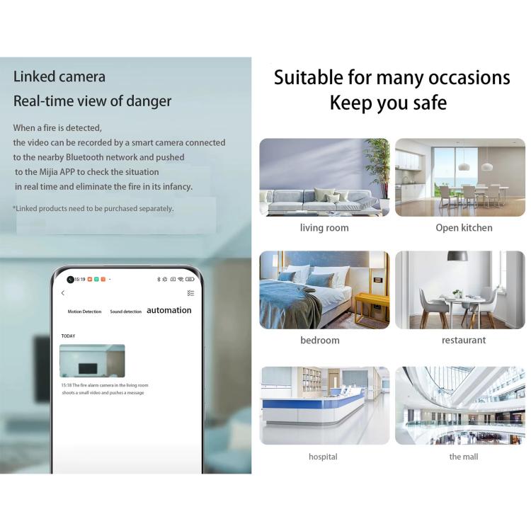 Smartphone app screen and home safety feature layout for the linked smoke alarm system
